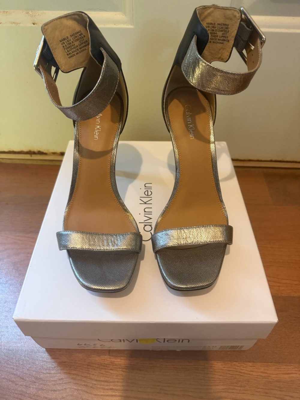Calvin Klein Metallic Silver Ankle-Strap Heels